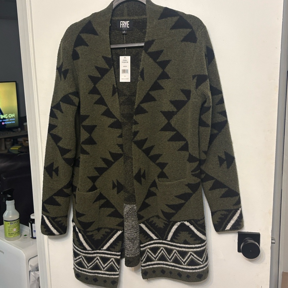 Frye Green and Black Geometric Jacket New medium open cardigan sweater
